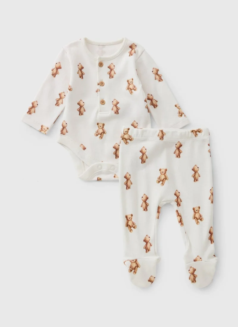 Matalan Baby Cream Patch Teddy Print Bodysuit & Trouser Set