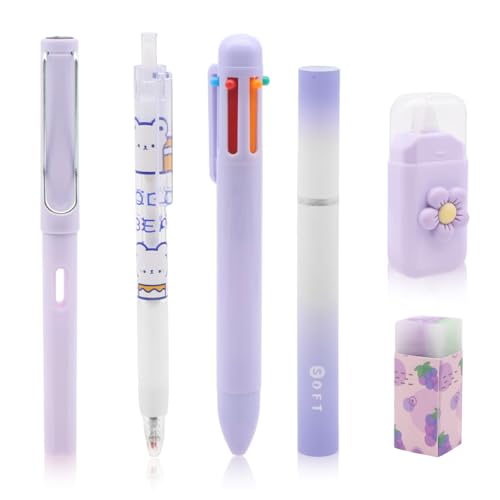 OFIFO® 6-Piece Cute Purple Stationery Set - Includes 6-In-1 Ballpoint Pen, Gel Pen, Long-Lasting Pencil, Eraser, Correction Tape, Highlighter, Suitable for School And Children's Gifts - Image 1