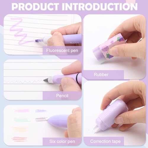 OFIFO® 6-Piece Cute Purple Stationery Set - Includes 6-In-1 Ballpoint Pen, Gel Pen, Long-Lasting Pencil, Eraser, Correction Tape, Highlighter, Suitable for School And Children's Gifts - Image 4