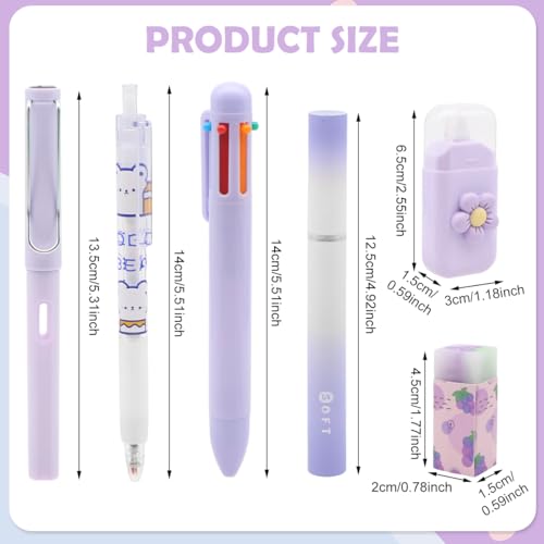 OFIFO® 6-Piece Cute Purple Stationery Set - Includes 6-In-1 Ballpoint Pen, Gel Pen, Long-Lasting Pencil, Eraser, Correction Tape, Highlighter, Suitable for School And Children's Gifts - Image 2