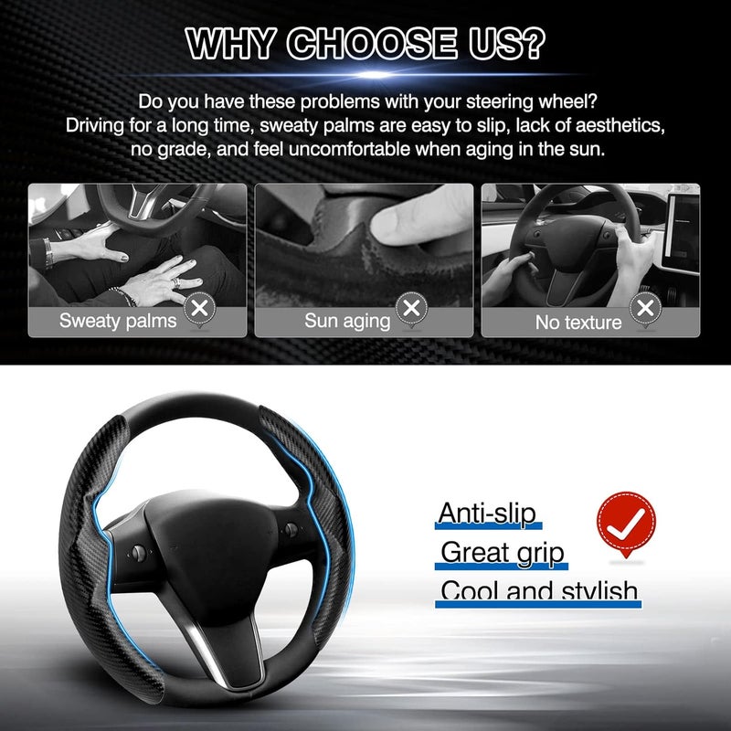 Canvcle Compatible with Carbon Fiber Steering Wheel Cover Tesla Car Steer Wheel Cover Protector Black for Men and Women Non Slip 2 PCS - Image 3