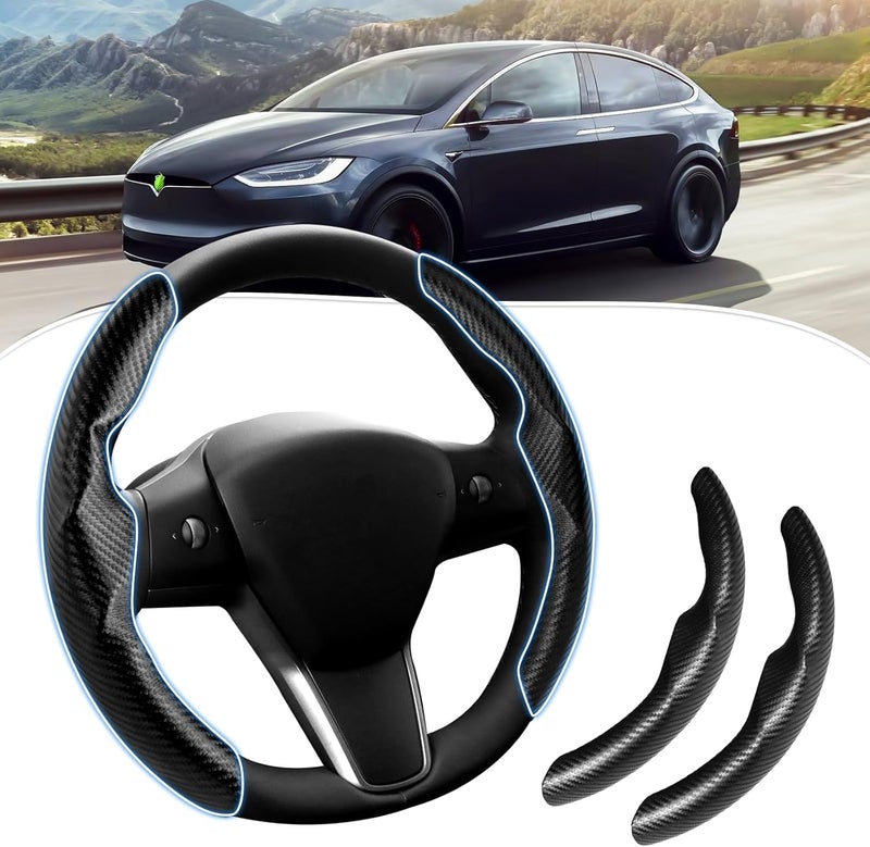 Canvcle Compatible with Carbon Fiber Steering Wheel Cover Tesla Car Steer Wheel Cover Protector Black for Men and Women Non Slip 2 PCS - Image 1