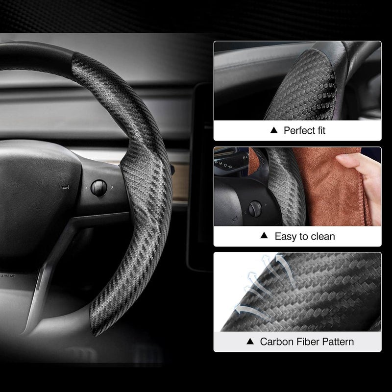 Canvcle Compatible with Carbon Fiber Steering Wheel Cover Tesla Car Steer Wheel Cover Protector Black for Men and Women Non Slip 2 PCS - Image 2