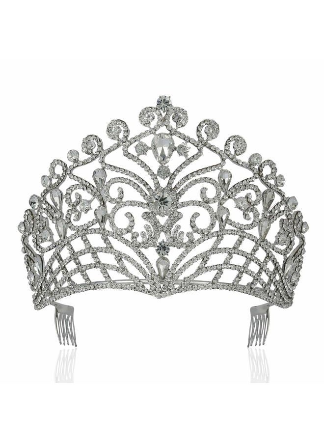 Janefashions Lush Clear Austrian Crystal Rhinestone Tiara Crown Bridal Prom Pageant T11884 (Silver) - Image 1