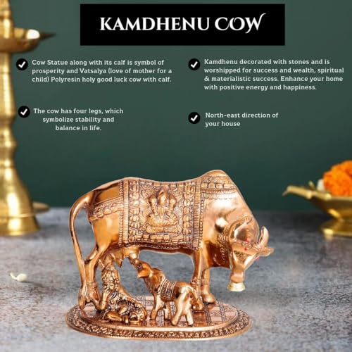 INTERNATIONAL GIFT® Copper Kamdhenu Cow with Calf Metal Statue Figurine with 6 Piece Jyot with Beautiful Velvet Box Packing and with Carry Bag (17H X 22W X 14L Centimeters) - Image 2