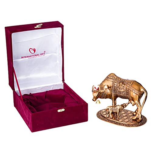 INTERNATIONAL GIFT® Copper Kamdhenu Cow with Calf Metal Statue Figurine with 6 Piece Jyot with Beautiful Velvet Box Packing and with Carry Bag (17H X 22W X 14L Centimeters) - Image 5