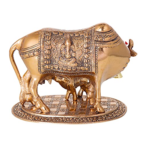 INTERNATIONAL GIFT® Copper Kamdhenu Cow with Calf Metal Statue Figurine with 6 Piece Jyot with Beautiful Velvet Box Packing and with Carry Bag (17H X 22W X 14L Centimeters) - Image 3