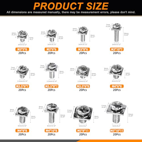 Rustark 240Pcs 12 Sizes M3 M3.5 M4 M5 Terminal Block Screws with Square Washers Assortment Kit Silver Nickel Plated Carbon Steel Terminal Screws for Terminal Blocks Replacement - Image 2