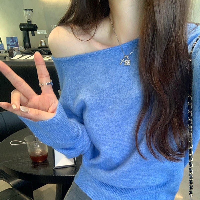 Slant Shoulder off-shoulder Soft Waxy Sweater Autumn Korean Sweet Design Sense Loose Knitted Sweater Gentle Top Pink - Image 2