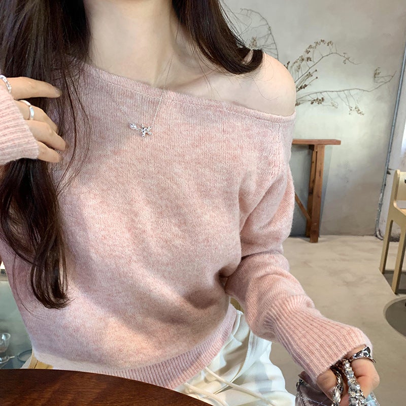 Slant Shoulder off-shoulder Soft Waxy Sweater Autumn Korean Sweet Design Sense Loose Knitted Sweater Gentle Top Pink - Image 1