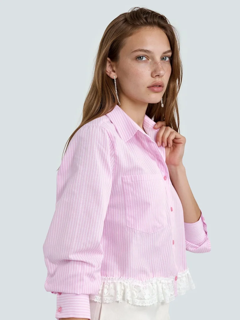 Qustyle QU STYLE Striped Crop Button-Up Shirt with Shirt Collar