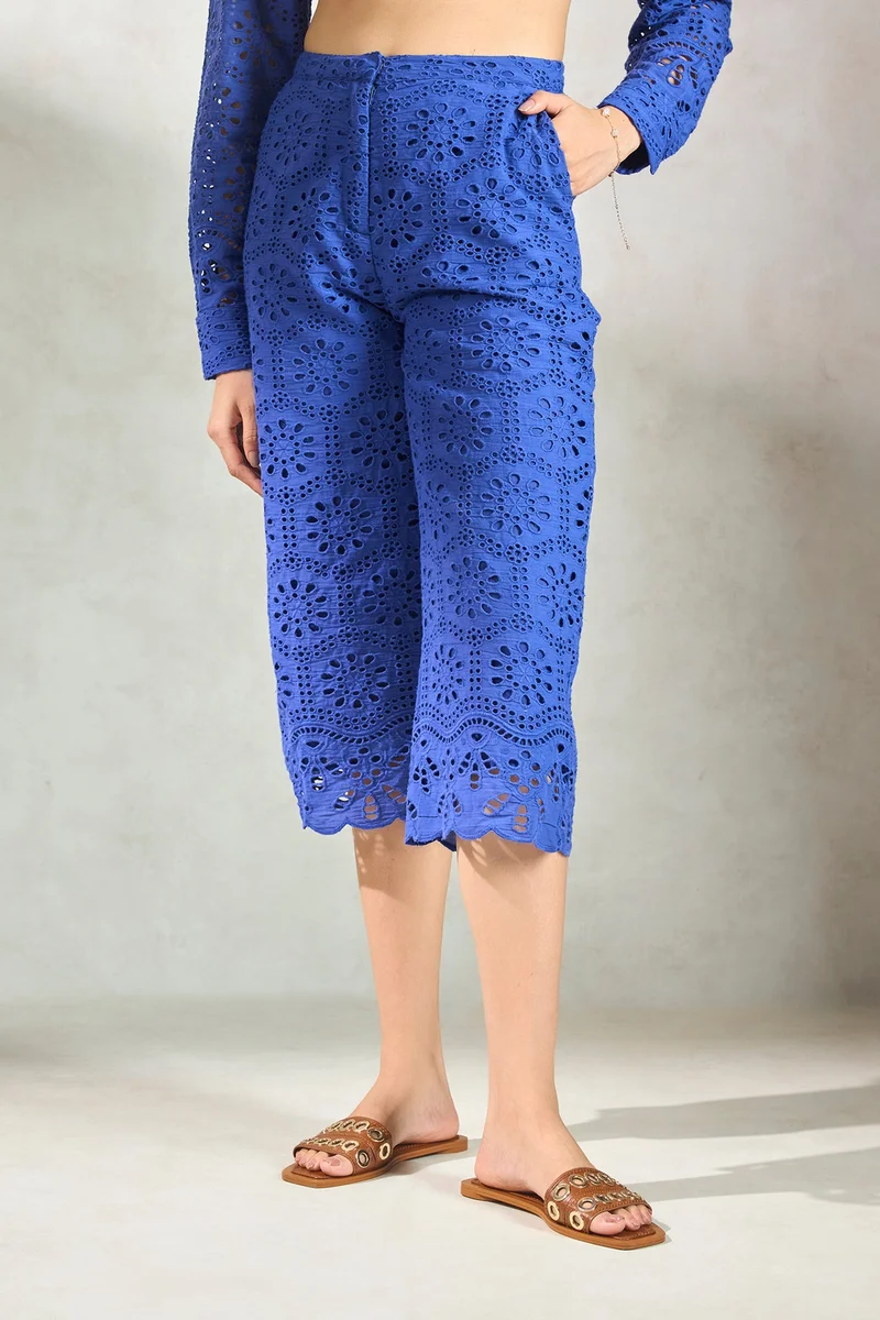 فيرجيو Embroidered Cotton Purple Culottes With Scalloped Hem for Women