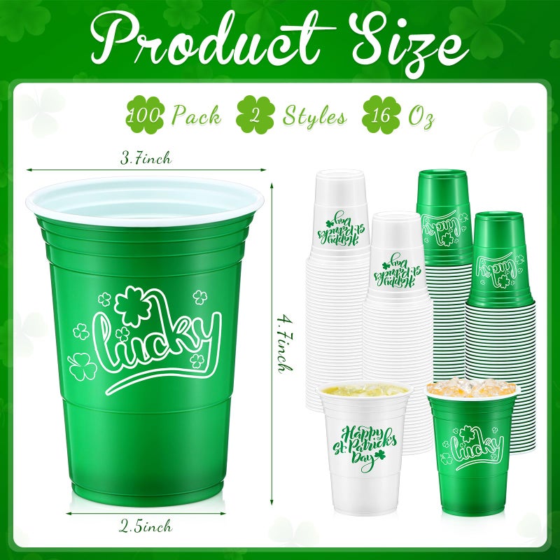 Pickmesh 100 Pcs St Patricks Day Plastic Cups 16oz Lucky Shamrock Design Disposable Cups for Lucky Party Supply St Patrick's Day Cups for Hot Cold Drinks Coffee Juice Beer Candy Snacks - Image 2