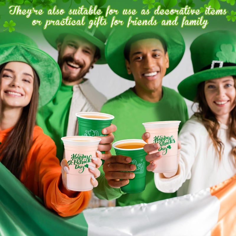 Pickmesh 100 Pcs St Patricks Day Plastic Cups 16oz Lucky Shamrock Design Disposable Cups for Lucky Party Supply St Patrick's Day Cups for Hot Cold Drinks Coffee Juice Beer Candy Snacks - Image 3