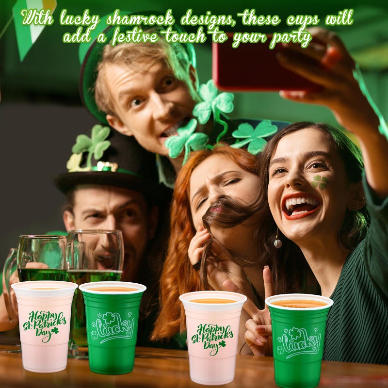 Pickmesh 100 Pcs St Patricks Day Plastic Cups 16oz Lucky Shamrock Design Disposable Cups for Lucky Party Supply St Patrick's Day Cups for Hot Cold Drinks Coffee Juice Beer Candy Snacks - Image 4