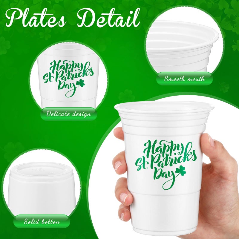 Pickmesh 100 Pcs St Patricks Day Plastic Cups 16oz Lucky Shamrock Design Disposable Cups for Lucky Party Supply St Patrick's Day Cups for Hot Cold Drinks Coffee Juice Beer Candy Snacks - Image 1