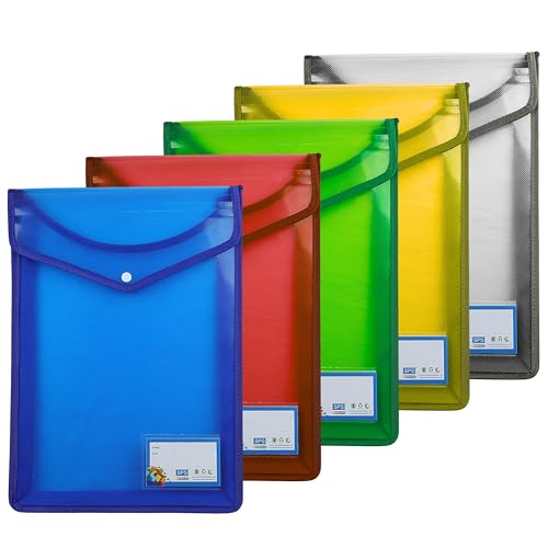 SPS File Folder, Vertical Poly-Plastic A4/Foolscap Transparent Documents File Storage Bag with Snap Button Set of 5/Certificate File Folder (Vertical, Multicolor, Pack of 5) - Image 2
