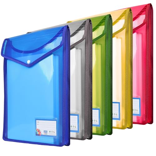 SPS File Folder, Vertical Poly-Plastic A4/Foolscap Transparent Documents File Storage Bag with Snap Button Set of 5/Certificate File Folder (Vertical, Multicolor, Pack of 5) - Image 1