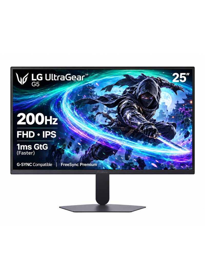 LG 25 inch UltraGear G5 Gaming Monitor, IPS Display, FHD Resolution, 200Hz Refresh Rate, 1ms (GtG @ Faster) Response Time, G-SYNC & FreeSync Premium Compatible, Black | 25G523B black - Image 1