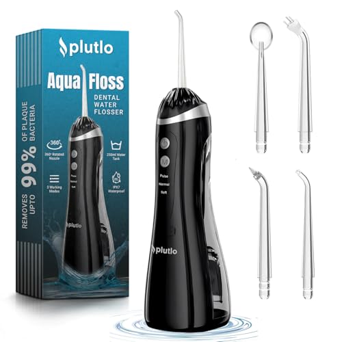 Plutlo Aqua Floss Water Flosser for Teeth - 250ML Portable Oral Irrigator with 3 Modes, 4 Jet Tips, 2000mAh Battery, IPX7 Waterproof, Dental Floss for Deep Teeth Cleaning (Black) - Image 1