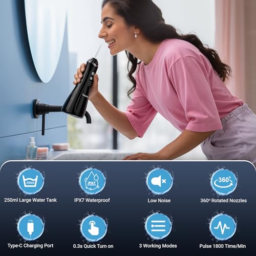 Plutlo Aqua Floss Water Flosser for Teeth - 250ML Portable Oral Irrigator with 3 Modes, 4 Jet Tips, 2000mAh Battery, IPX7 Waterproof, Dental Floss for Deep Teeth Cleaning (Black) - Image 5