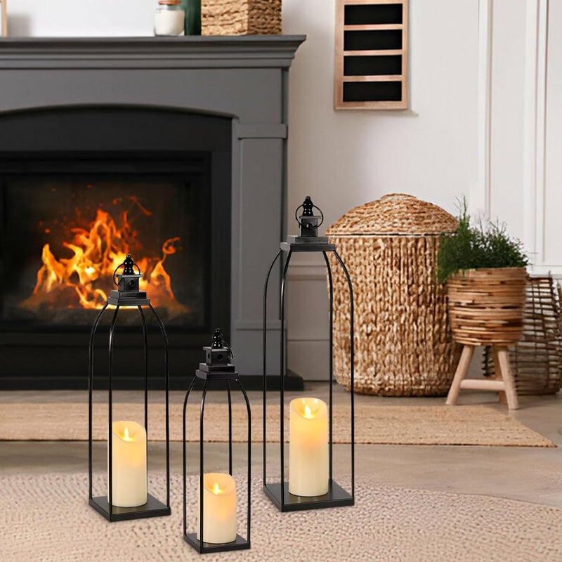 DARJEN 3 Pcs Black Metal Decorative Candle Lantern Set, 16'' 19'' 22'' Modern Lantern with 3 Flameless Candles for Indoor & Outdoor, Decorative Large Lanterns for Porch, Patio, Fireplace & Home Decor - Image 5