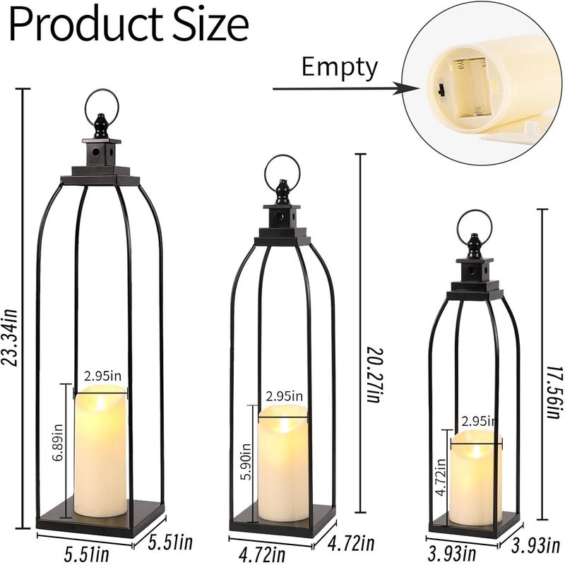 DARJEN 3 Pcs Black Metal Decorative Candle Lantern Set, 16'' 19'' 22'' Modern Lantern with 3 Flameless Candles for Indoor & Outdoor, Decorative Large Lanterns for Porch, Patio, Fireplace & Home Decor - Image 2