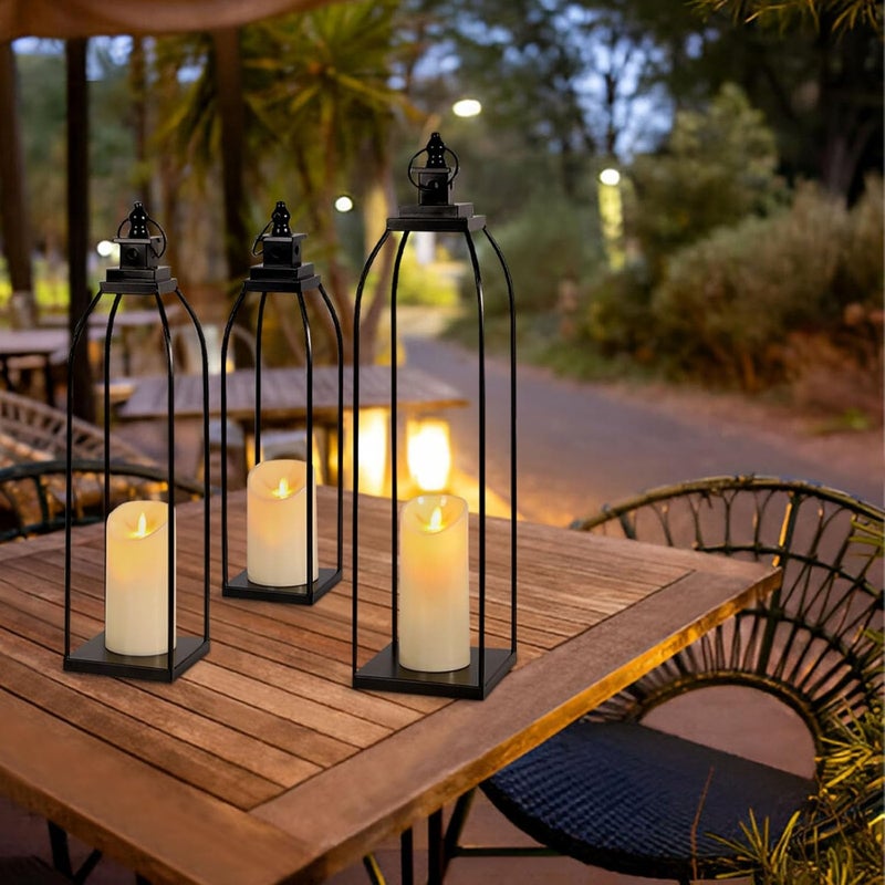 DARJEN 3 Pcs Black Metal Decorative Candle Lantern Set, 16'' 19'' 22'' Modern Lantern with 3 Flameless Candles for Indoor & Outdoor, Decorative Large Lanterns for Porch, Patio, Fireplace & Home Decor - Image 4