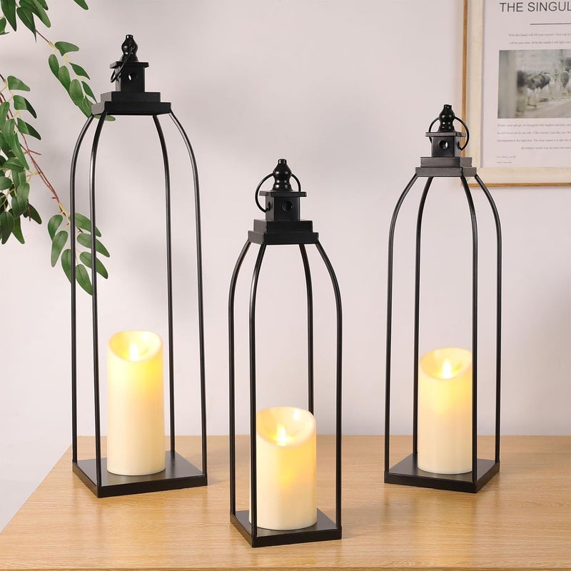 DARJEN 3 Pcs Black Metal Decorative Candle Lantern Set, 16'' 19'' 22'' Modern Lantern with 3 Flameless Candles for Indoor & Outdoor, Decorative Large Lanterns for Porch, Patio, Fireplace & Home Decor - Image 3
