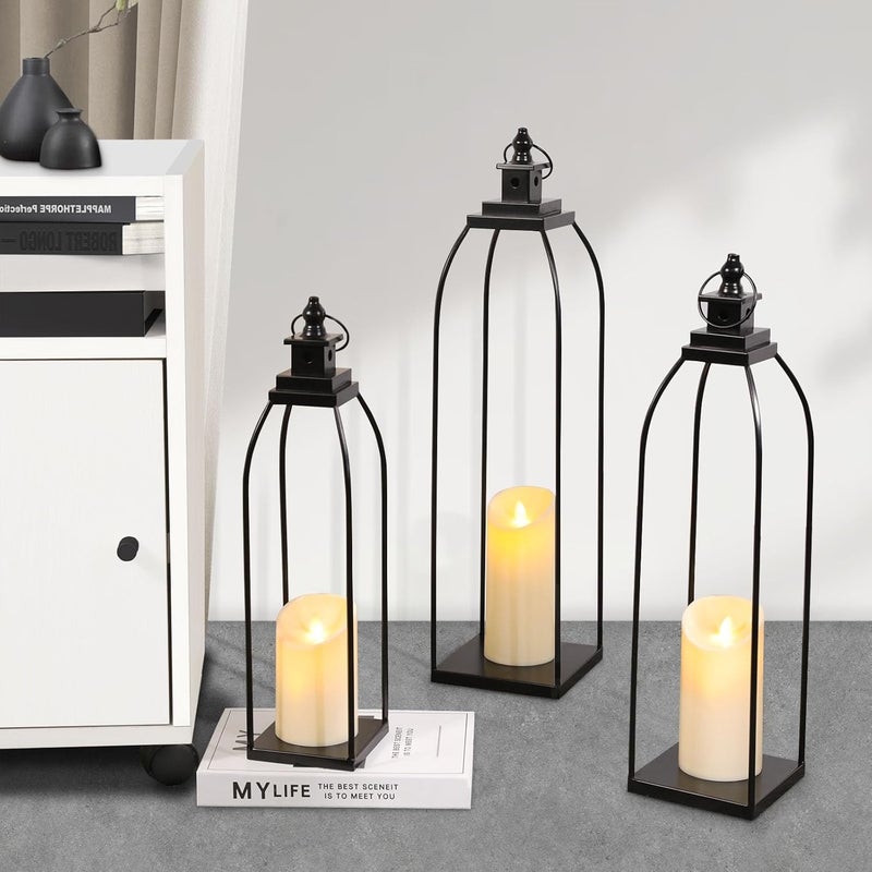 DARJEN 3 Pcs Black Metal Decorative Candle Lantern Set, 16'' 19'' 22'' Modern Lantern with 3 Flameless Candles for Indoor & Outdoor, Decorative Large Lanterns for Porch, Patio, Fireplace & Home Decor - Image 1