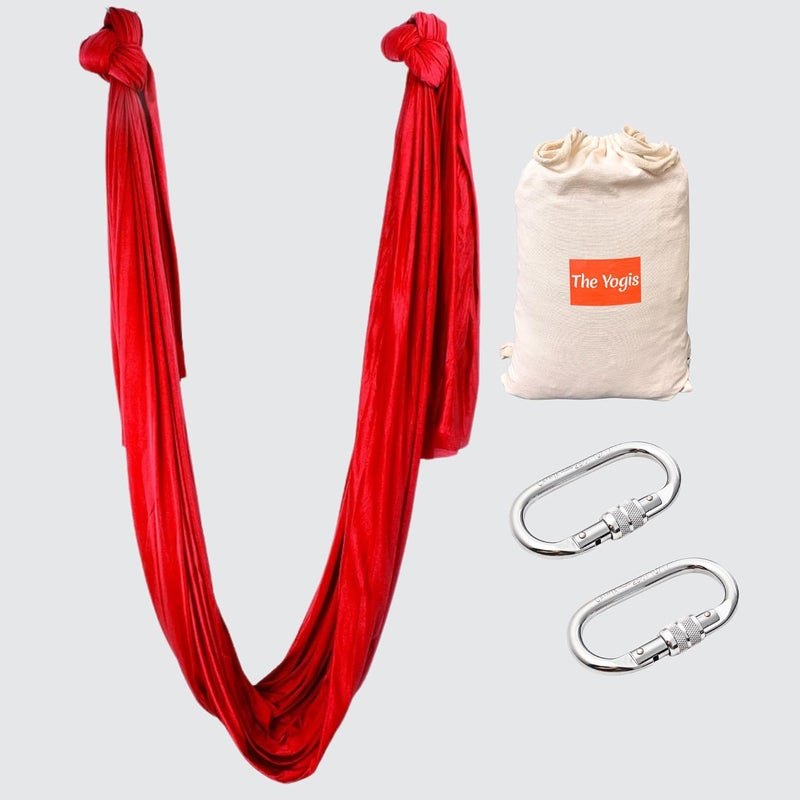 The Yogis The Yogis Silk Fabric Aerial Yoga Hammock With 2Pcs Heavy Carabiner Bag Red Colour  - Image 1