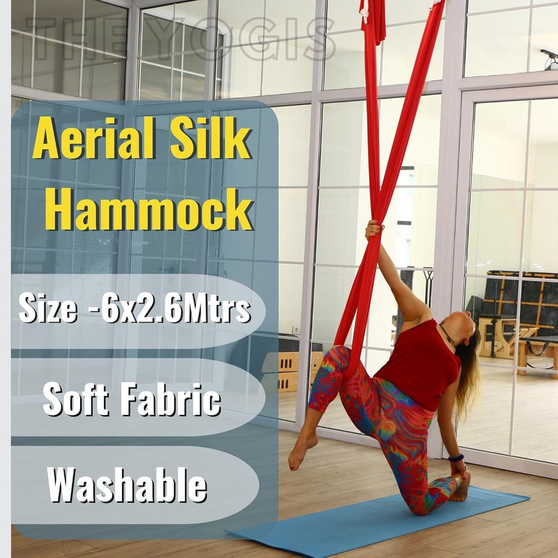 The Yogis The Yogis Silk Fabric Aerial Yoga Hammock With 2Pcs Heavy Carabiner Bag Red Colour  - Image 2