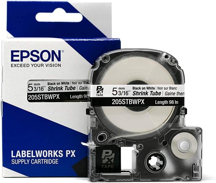 LABELWORKS Epson 205STBWPX Genuine Tape Cartridge - Black on White Shrink Tube Industrial Label Maker Tape - AWG 8-12, 3/16" (5MM) Wide, 8 ft (96") - Image 1