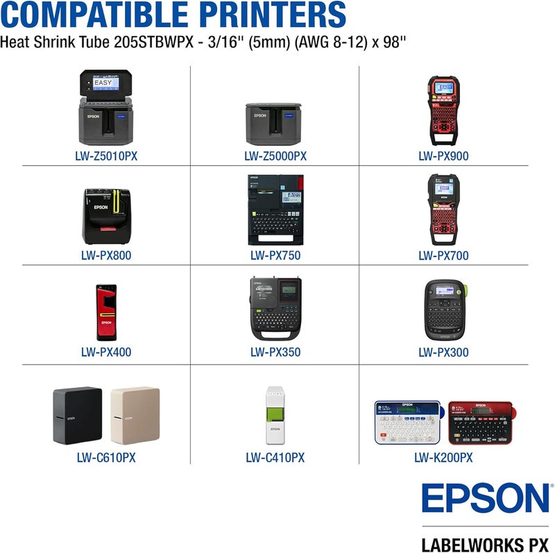 LABELWORKS Epson 205STBWPX Genuine Tape Cartridge - Black on White Shrink Tube Industrial Label Maker Tape - AWG 8-12, 3/16" (5MM) Wide, 8 ft (96") - Image 3