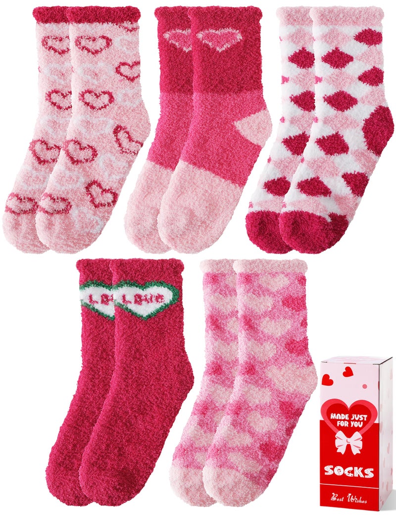 Sandsuced Womens Fuzzy Fluffy Socks Warm Cozy Winter Slipper Thick Crew Fleece Comfy Sleep Plush Heart Socks 5 Pairs Christmas Stocking Stuffers (Pink Love Candy Color,M) - Image 1