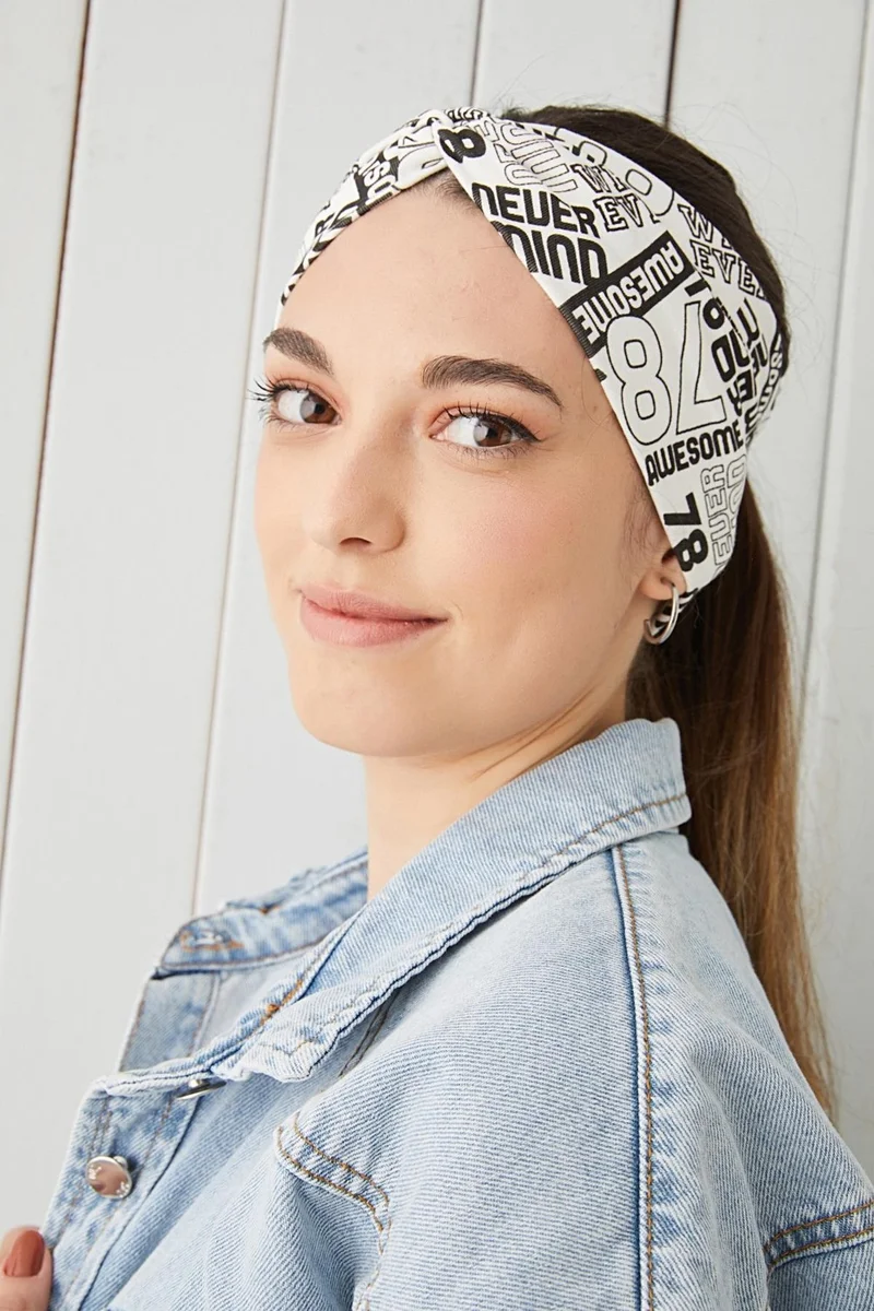 بوتيكجيز White Black Patterned Bandana Hair Band Extra Soft Flexible Natural Cotton Combed Cotton