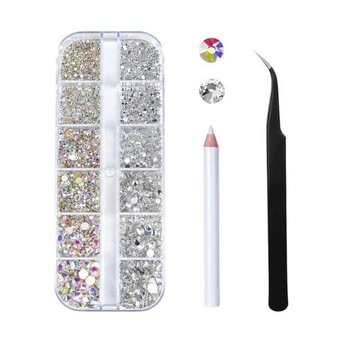 Flavizo 12-Grid Nail Art Rhinestone DIY Set – AB Crystals & Silver Crystal Stones Kit with Wax Drill Picker Pencil & Tweezer | Nail Accessories for Craft, Gem Stones & Nail Art Decorations for Professional Nails - Image 1