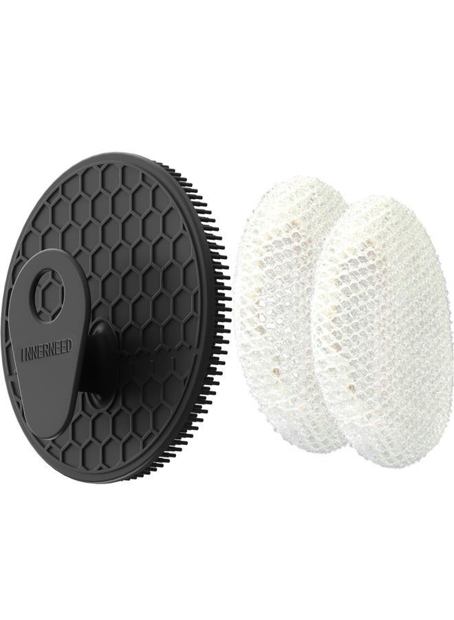 Innerneed Food-Grade Silicone Body Scrubber Gentle Cleansing Brush with Exfoliating Net Sponge Bath Scrubbing Washcloth Case, More Hygienic and Well Lather (Black Set) - Image 1