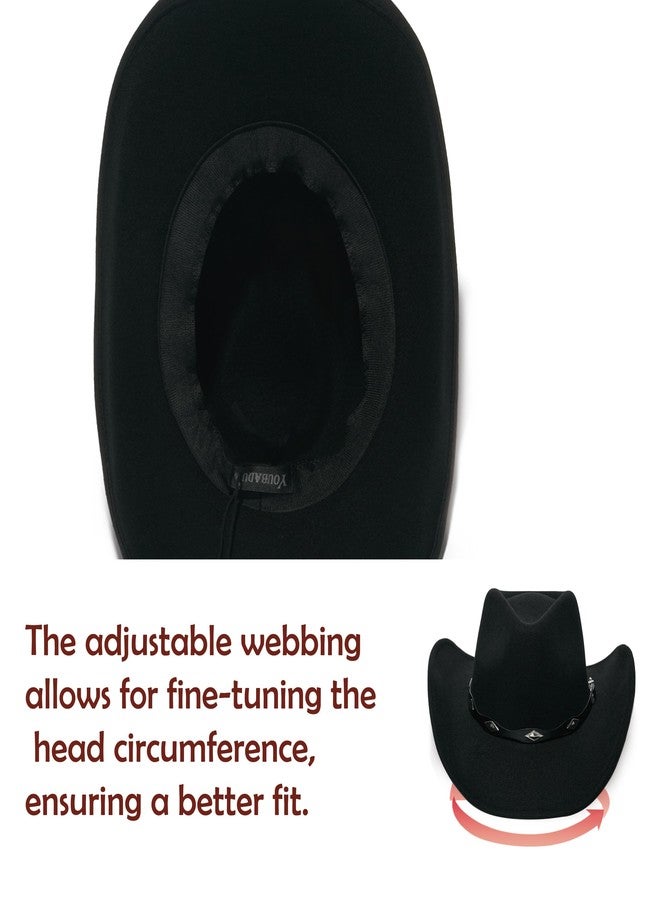 YOUBADU Faux Suede Felt Western Cowboy Hat for Women or Men, Wide Brim, Rivet Strap, Black, M/One size - Image 4