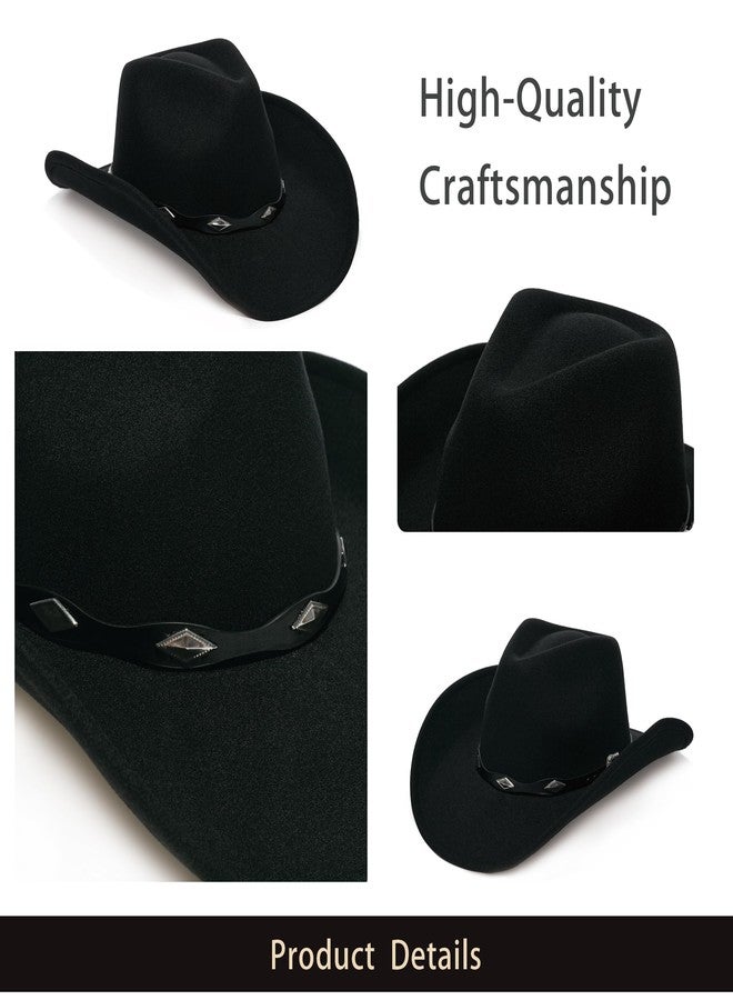 YOUBADU Faux Suede Felt Western Cowboy Hat for Women or Men, Wide Brim, Rivet Strap, Black, M/One size - Image 5