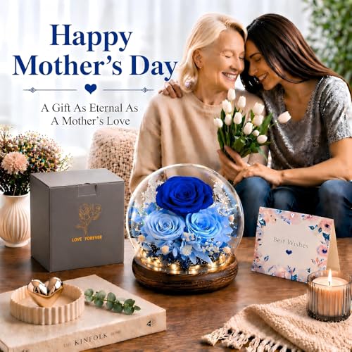 FIACO Gifts for Mom Mothers Day Birthday Gifts for Women Preserved Flowers in Glass Dome Long-Lasting Eternal Roses for Her Grandma Wife Girlfriend Blue Forever Flowers for Delivery Prime Anniversary - Image 2