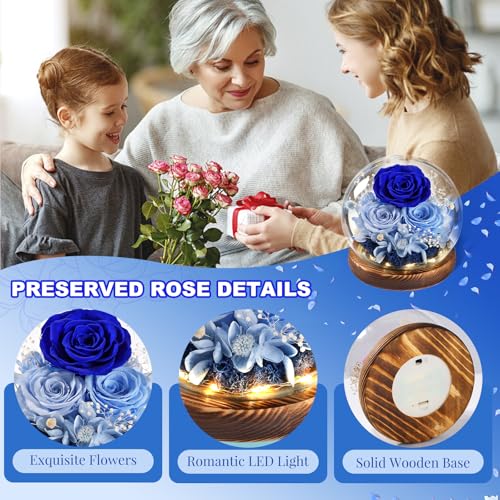 FIACO Gifts for Mom Mothers Day Birthday Gifts for Women Preserved Flowers in Glass Dome Long-Lasting Eternal Roses for Her Grandma Wife Girlfriend Blue Forever Flowers for Delivery Prime Anniversary - Image 4