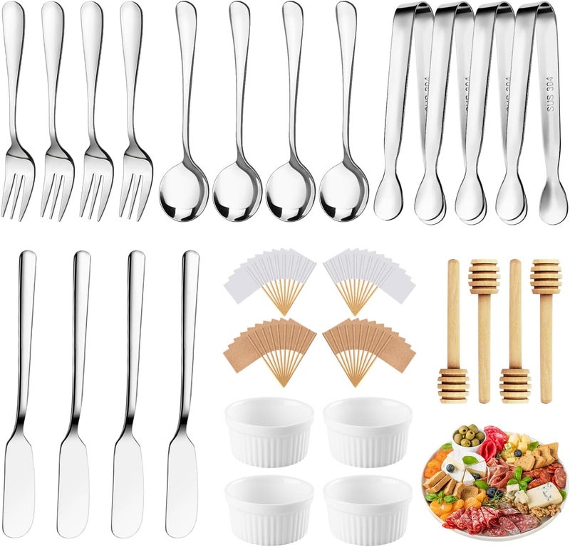 Mlurcu Charcuterie Boards Accessories 64Pcs Cheese Butter Spreader Knives Set Charcuterie Utensils Mini Serving Spoons and Forks Small Serving Tongs Sauce Cups Honey Dippers Toothpick Flags for Pastry Making - Image 1