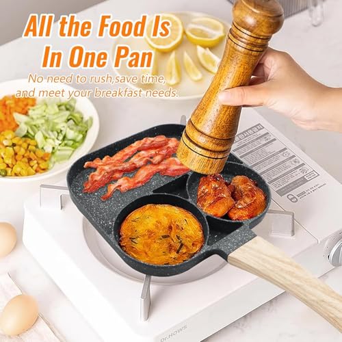 BHAVYAM 3 in 1 Egg Frying pan Non Stick Small Eggs Poacher pan Half Fry Egg pan for Omelette uttapam Pancake Multi Cavity Pans with Wooden Handle Gas Stove Direct Flame (3 Part Design) - Image 4