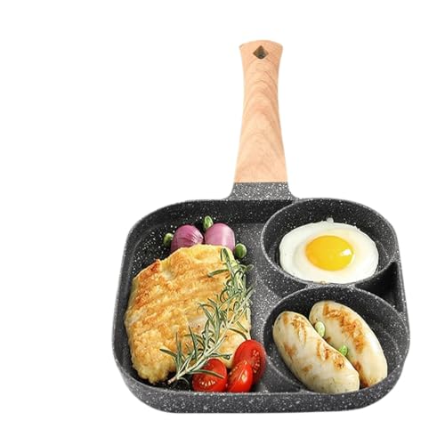 BHAVYAM 3 in 1 Egg Frying pan Non Stick Small Eggs Poacher pan Half Fry Egg pan for Omelette uttapam Pancake Multi Cavity Pans with Wooden Handle Gas Stove Direct Flame (3 Part Design) - Image 2