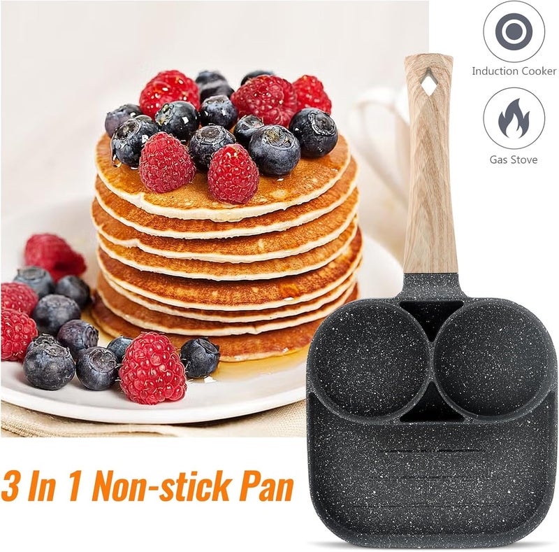 BHAVYAM 3 in 1 Egg Frying pan Non Stick Small Eggs Poacher pan Half Fry Egg pan for Omelette uttapam Pancake Multi Cavity Pans with Wooden Handle Gas Stove Direct Flame (3 Part Design) - Image 5