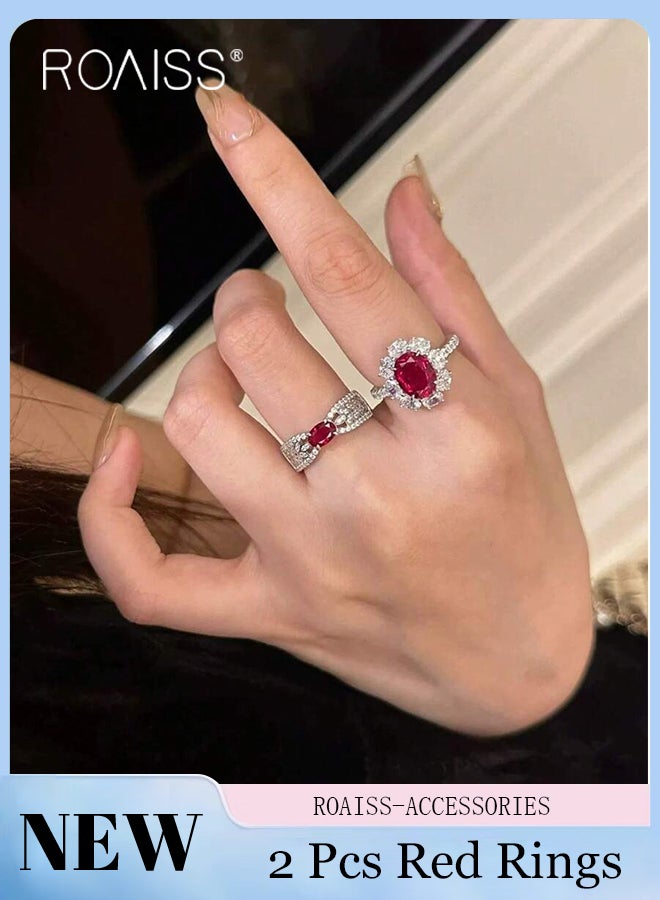 رويس 2 قطعة من الخواتم المفتوحة باللون الأحمر للنساء، مجوهرات بسيطة وقابلة للتعديل، خواتم أنيقة عتيقة، مناسبة للارتداء اليومي والحفلات للسيدات - Image 1