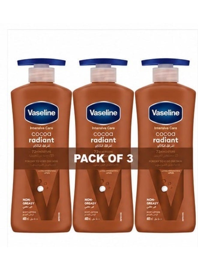 Vaseline Intensive Care Cocoa Radiant Body Lotion Pack of 3 x 400ml | 72-Hour Moisturizing Lotion for Dry to Very Dry Skin | Fast-Absorbing Formula with Pure Cocoa Butter & Ultra-Hydrating Lipids | Da