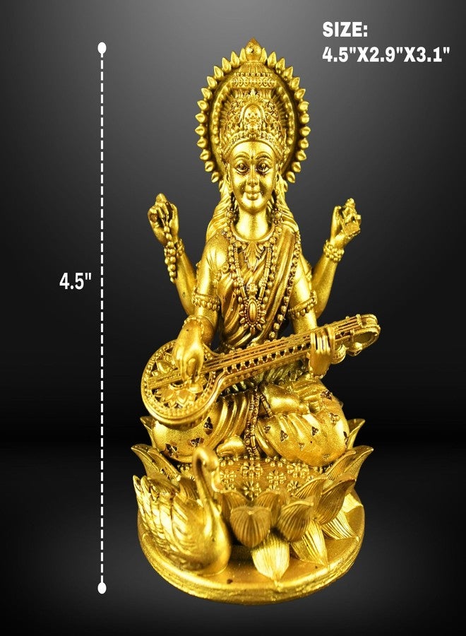 NEEANN Saraswati Devi Idol 4.5 Inches Material Polystone Statue – Painted Brass, Antique Silver & White Finish Veena Vadini Maa Saraswati Murti Vasant Panchami for Home & Office Decor (Brass) - Image 2