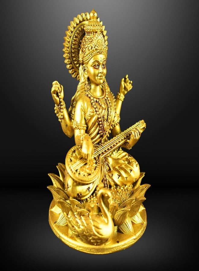 NEEANN Saraswati Devi Idol 4.5 Inches Material Polystone Statue – Painted Brass, Antique Silver & White Finish Veena Vadini Maa Saraswati Murti Vasant Panchami for Home & Office Decor (Brass) - Image 1